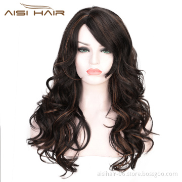 Heat Resistant Black Mixed Black Body Wave Synthetic Long Wavy Fiber Hair Wig For Black White Women Cosplay  Wigs